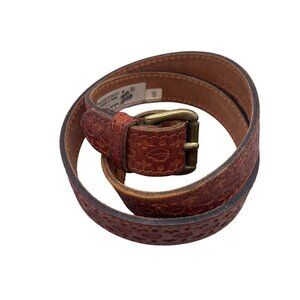 Genuine Tooled Leather Belt Mens Size Small Brown Made In Greece Western Country